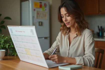 Mère consultant un calendrier de garde alternée semaine paire et impaire affiché dans la cuisine familiale