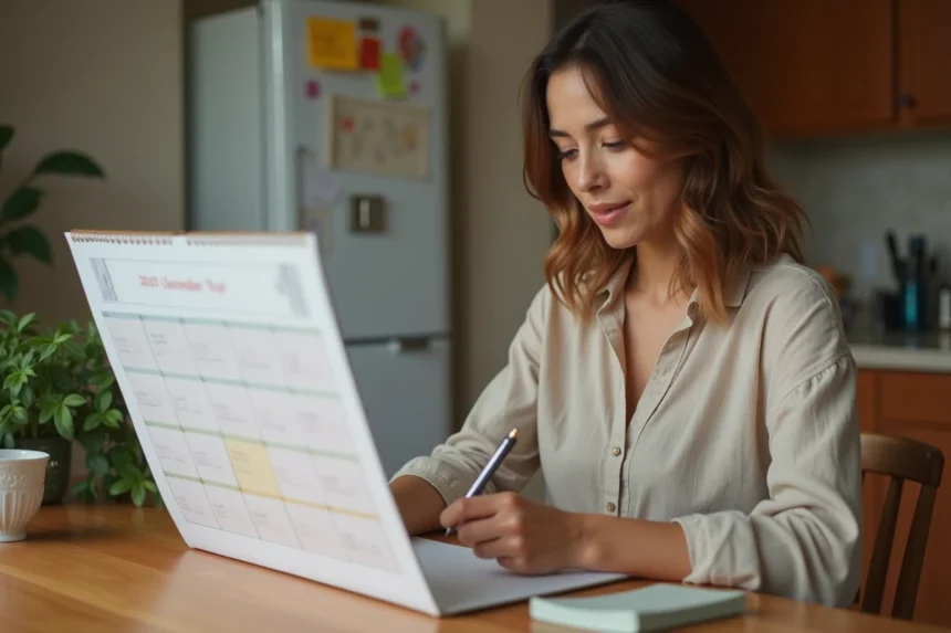 Mère consultant un calendrier de garde alternée semaine paire et impaire affiché dans la cuisine familiale