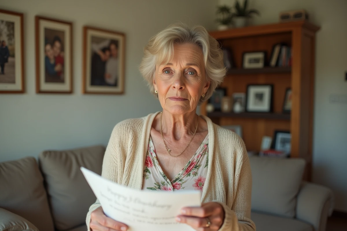 Mère émue tenant une lettre d'anniversaire manuscrite dans le salon familial