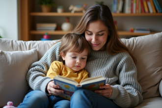Mère fatiguée avec son enfant lisant un livre coloré