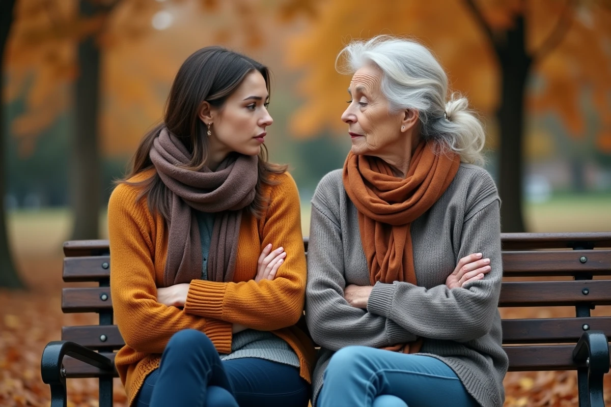 Mère et fille adulte assises sur un banc de parc en automne lors d'une conversation difficile sur les limites familiales
