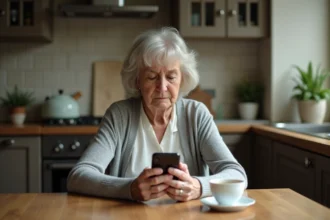 Mère seule dans sa cuisine tenant un smartphone, expression triste en attendant des nouvelles de sa fille