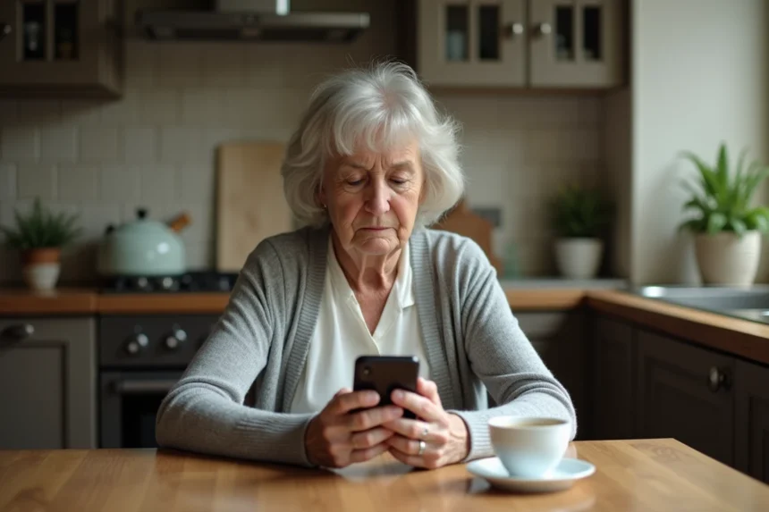 Mère seule dans sa cuisine tenant un smartphone, expression triste en attendant des nouvelles de sa fille