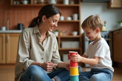 Mère solo souriante jouant avec son enfant sur le sol de la cuisine dans une ambiance authentique et détendue