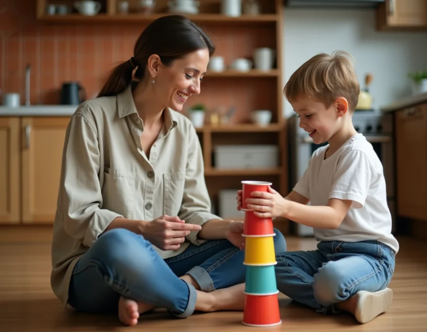Mère solo souriante jouant avec son enfant sur le sol de la cuisine dans une ambiance authentique et détendue