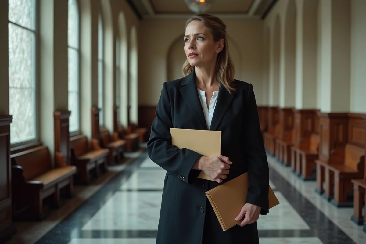 Femme debout dans le couloir d'un tribunal tenant des documents juridiques, illustrant la lutte pour la garde d'enfant