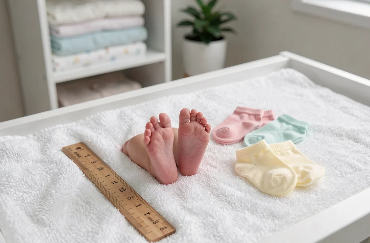 Pieds de nouveau-né posés sur une surface blanche avec une règle et des chaussettes bébé en couleurs pastel pour illustrer un guide des tailles