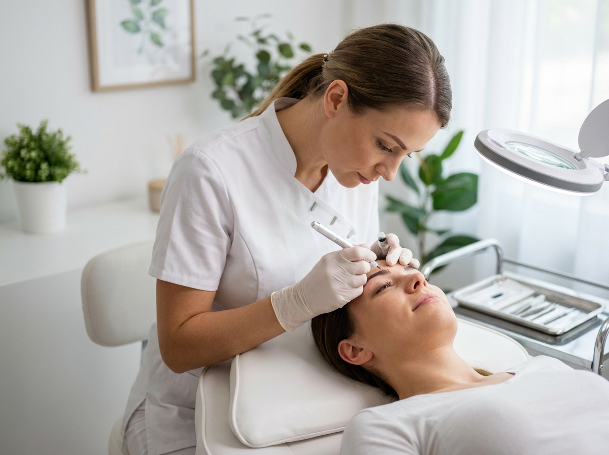 Esthéticienne professionnelle effectuant une technique de microblading sur les sourcils d'une cliente en institut