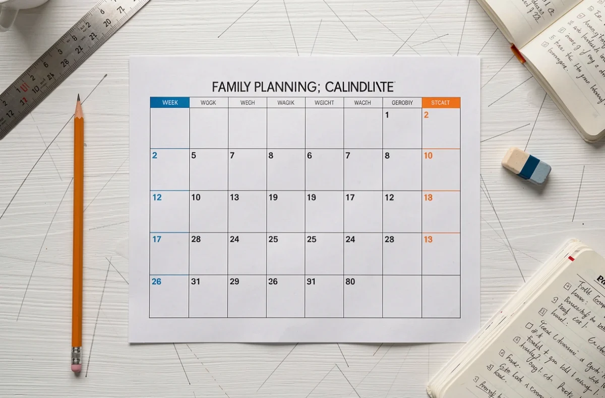 Vue aérienne d'un modèle de calendrier semaines paires impaires imprimé sur un bureau blanc avec fournitures