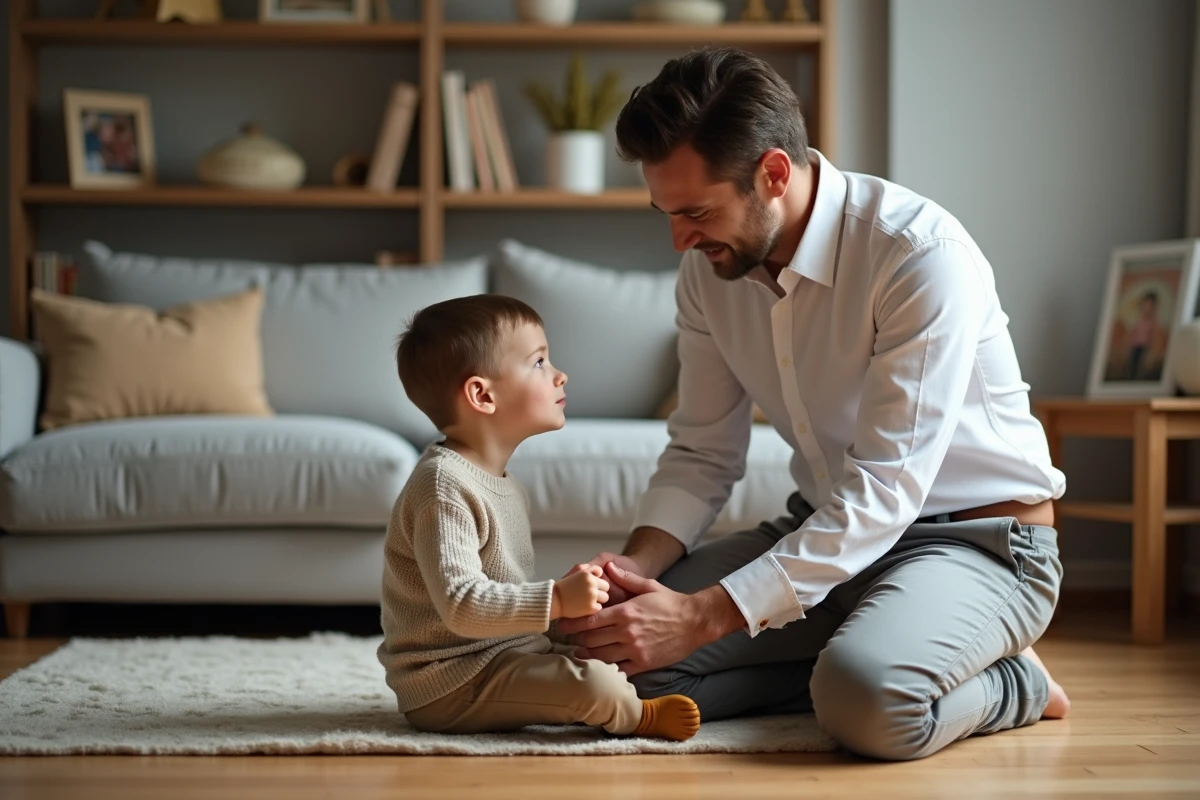Fils et père dans un salon chaleureux regardant un objet précieux