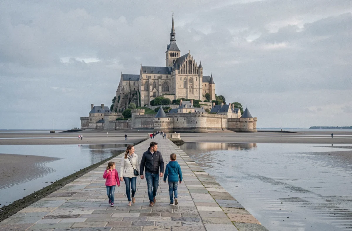 Famille traversant la digue vers le Mont-Saint-Michel sous un ciel nuageux de Normandie