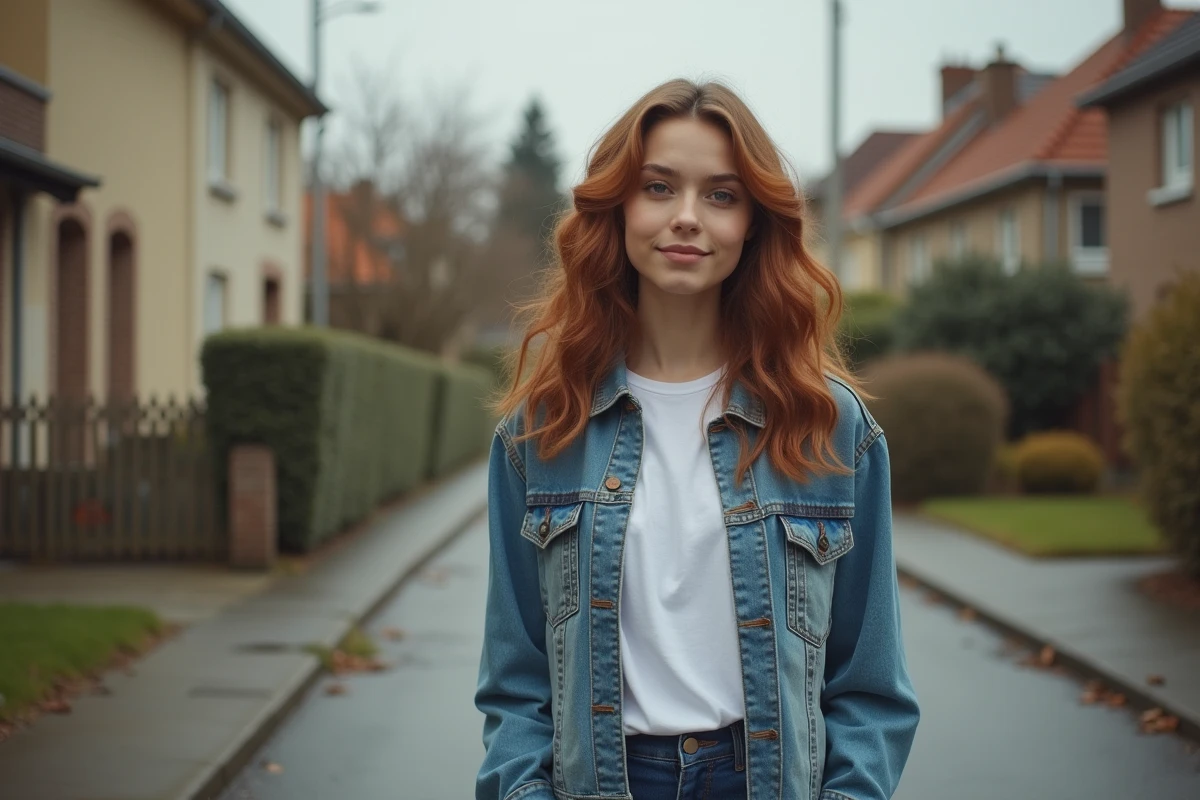 Jeune femme en veste en jean dans une rue résidentielle française, ambiance enfance et souvenirs de jeunesse