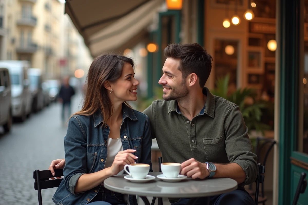 Couple complice attablé en terrasse de café français, portrait de vie conjugale et familiale authentique