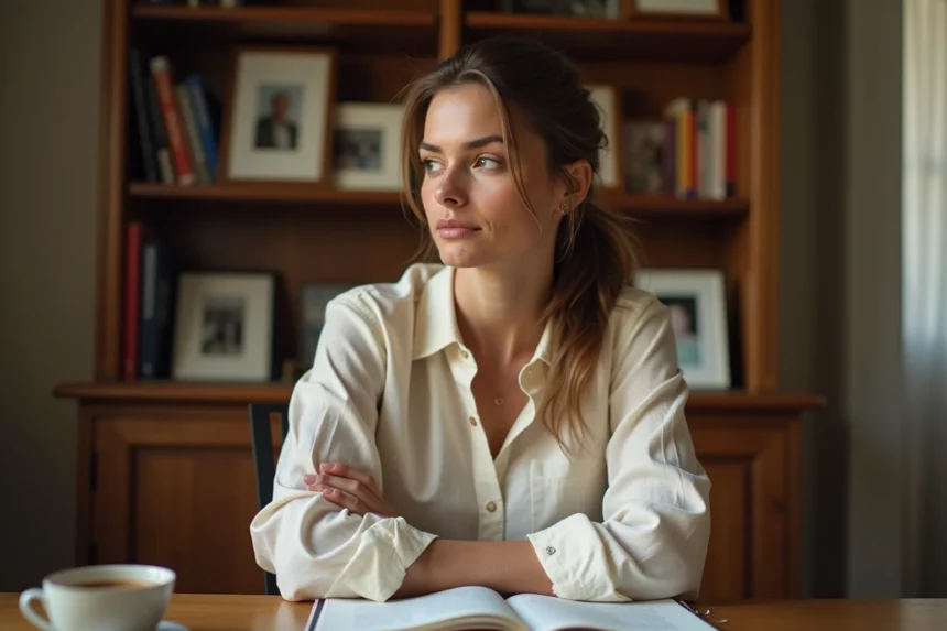 Portrait d'une femme dans la trentaine dans un appartement parisien chaleureux, évoquant la vie de famille et l'intimité du foyer