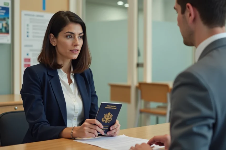 Femme présentant son passeport et ses justificatifs au guichet d'une mairie pour un nom d'usage