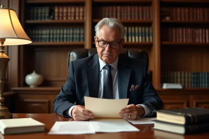 Notaire en costume sombre examinant une procuration pour succession sur un bureau en chêne dans un cabinet notarial