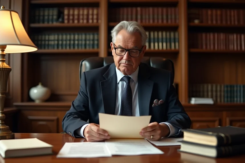 Notaire en costume sombre examinant une procuration pour succession sur un bureau en chêne dans un cabinet notarial