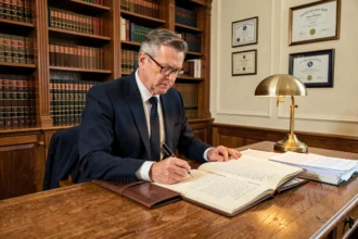 Notaire en costume marine examinant un testament manuscrit dans son bureau classique avec bibliothèque juridique