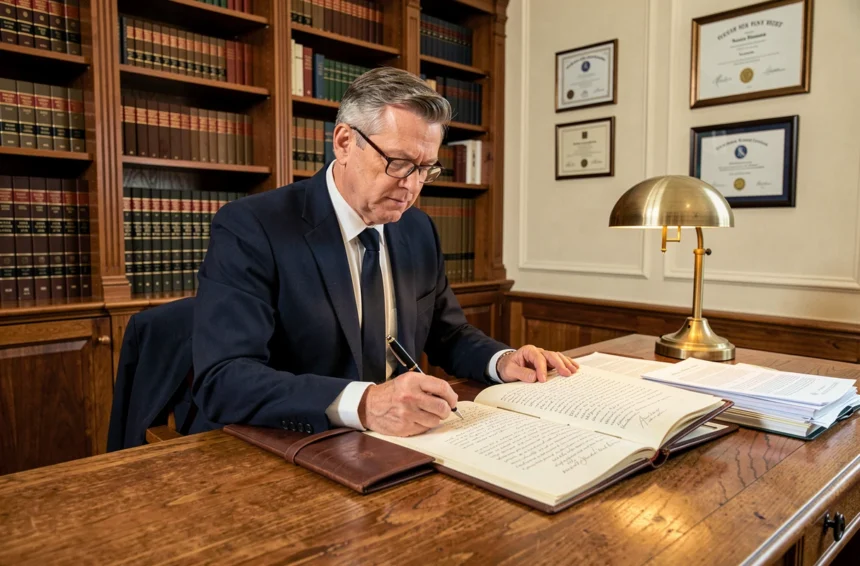 Notaire en costume marine examinant un testament manuscrit dans son bureau classique avec bibliothèque juridique