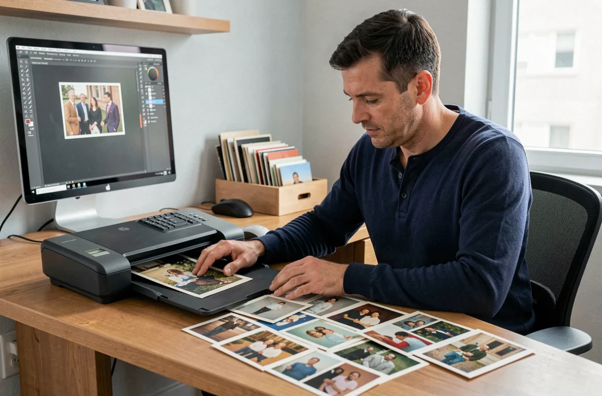 Homme numérisant d'anciennes photos de famille couleur avec un scanner à plat dans un bureau à domicile moderne