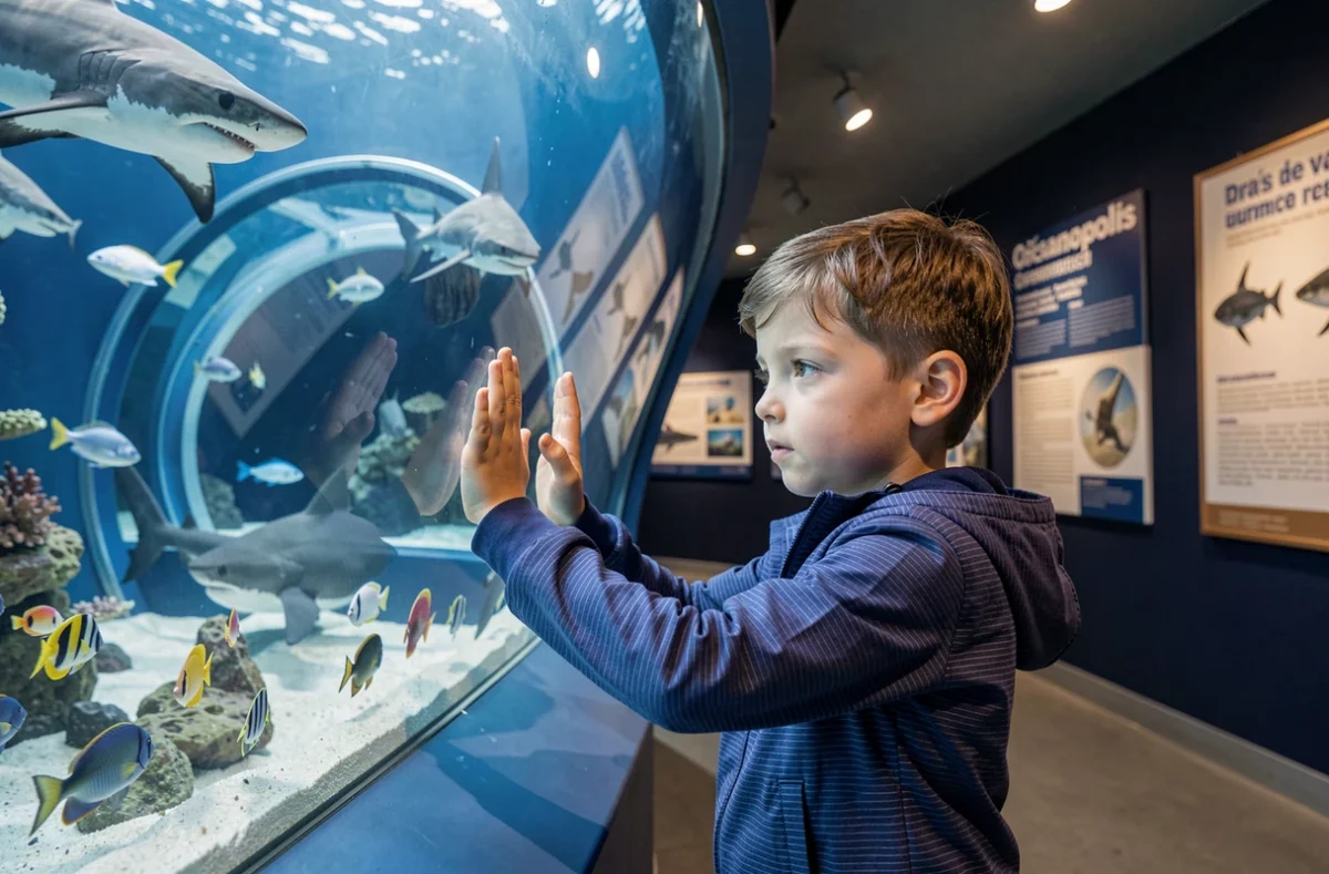 Enfant admirant les requins et poissons dans le grand aquarium d'Océanopolis à Brest