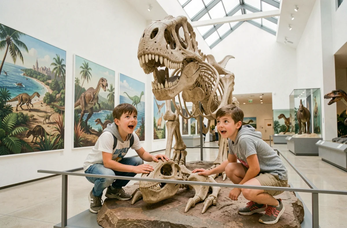 Enfants découvrant un squelette de dinosaure au Paléospace de Villers-sur-Mer