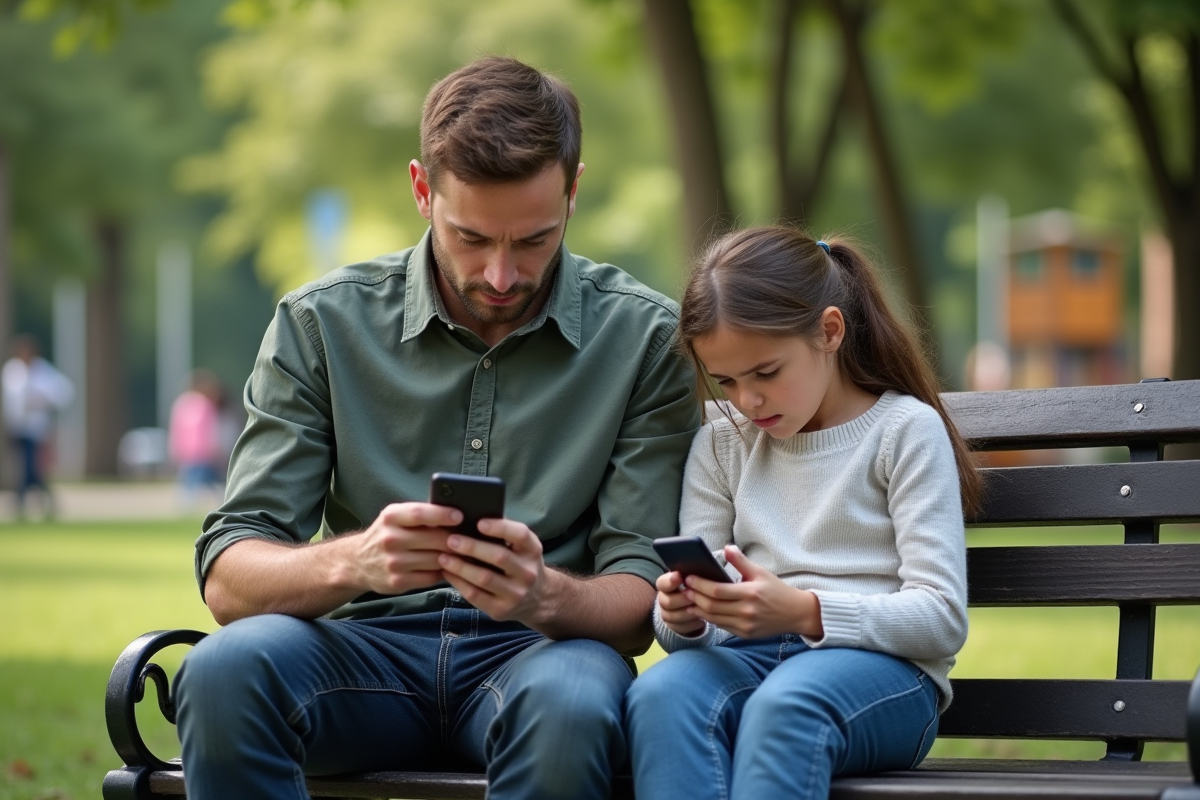 Père et fille utilisant leurs smartphones au parc