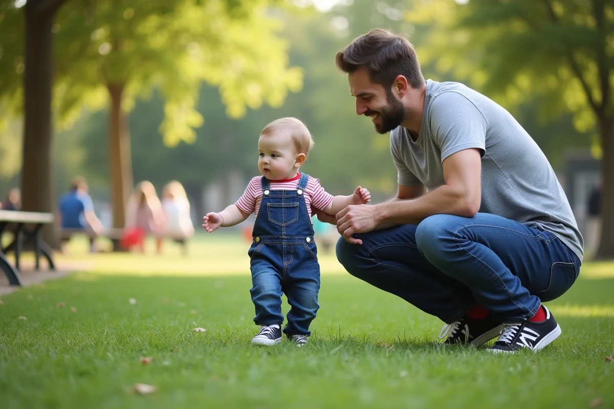 Pere encourageant son fils de 11 mois lors de ses premiers pas