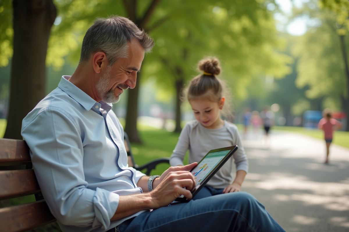 Père utilisant une tablette dans un parc avec sa fille qui joue
