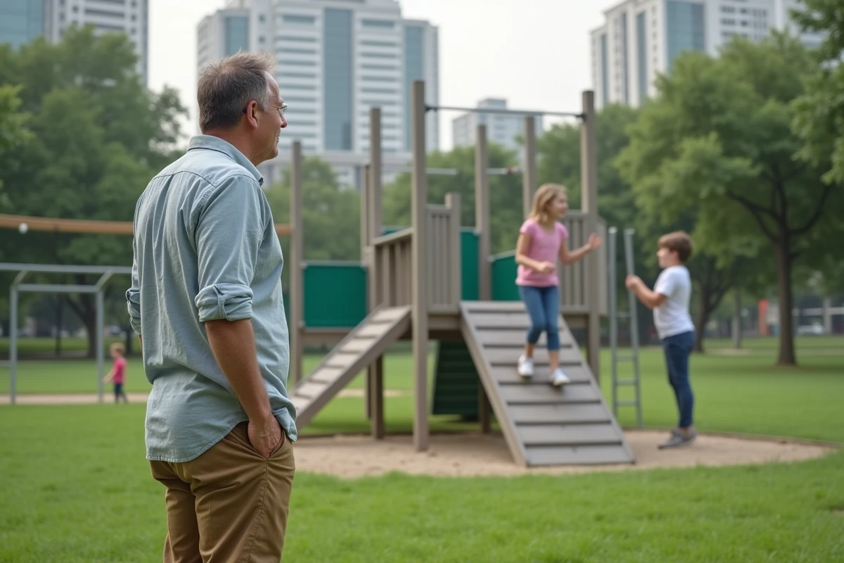 Père regardant ses enfants jouer dans un parc urbain