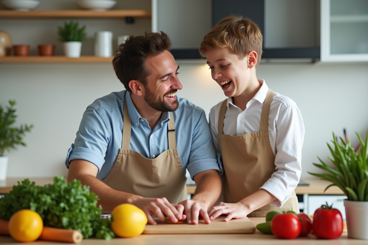 Père et adolescent cuisinant ensemble dans une cuisine lumineuse