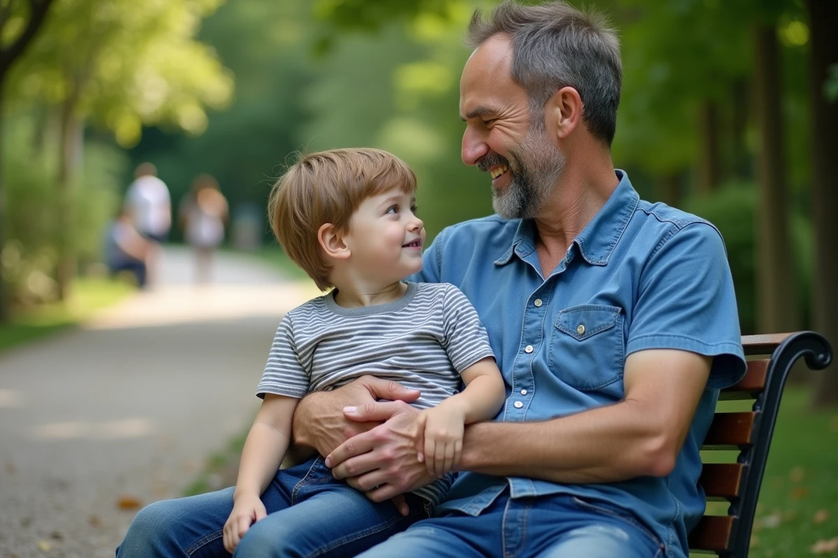 Père et fils souriants assis sur un banc dans un parc