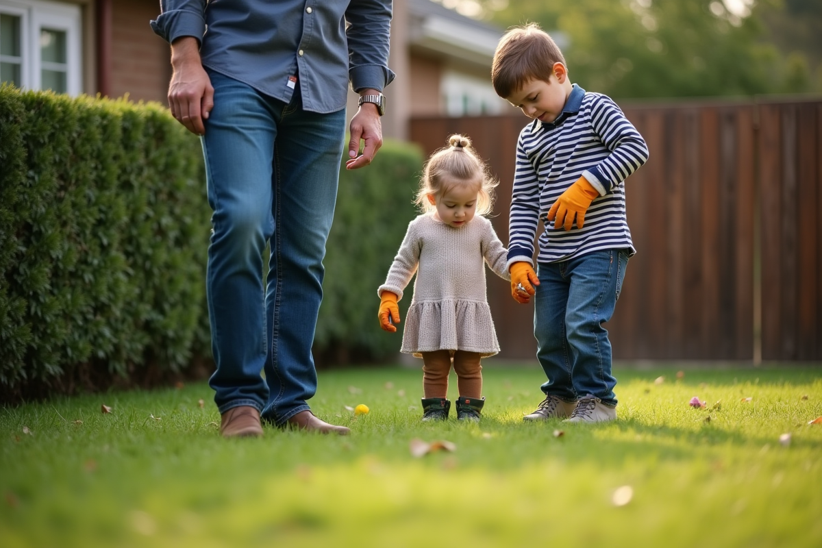 Père guidant sa fille dans le jardin