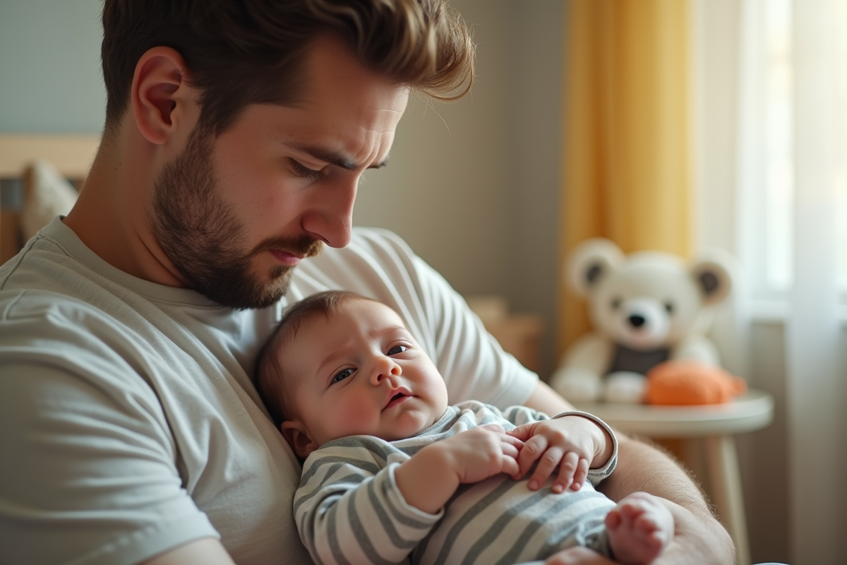 Pere berçant un bebe dans une nurserie lumineuse