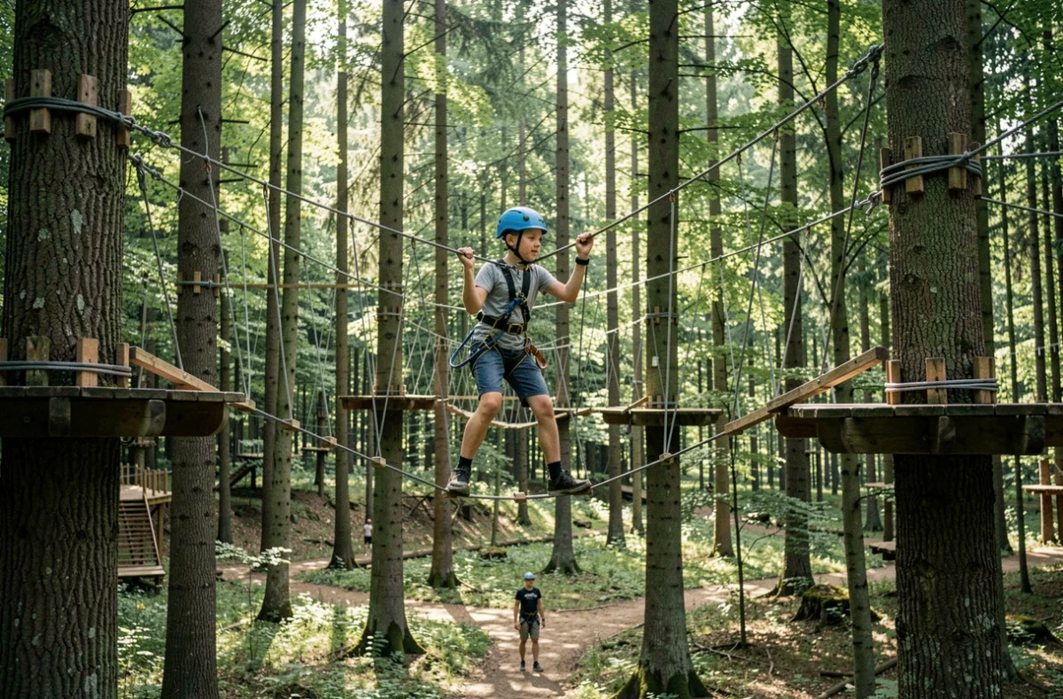 Adolescent sur un parcours accrobranche dans les arbres au Parc Alsace Aventure, parc d'aventure forestier en Alsace