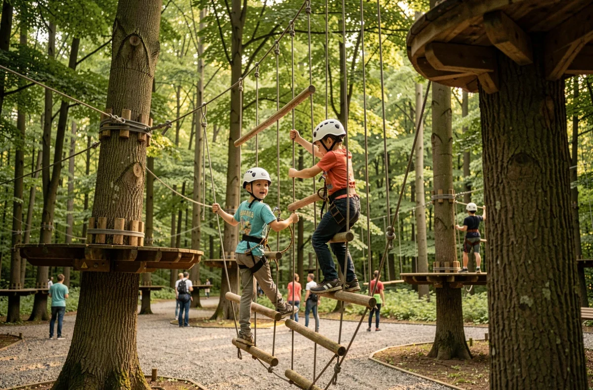Enfants sur les parcours accrobranche et structures d'aventure du Parc Aventure Land à Haguenau en Alsace