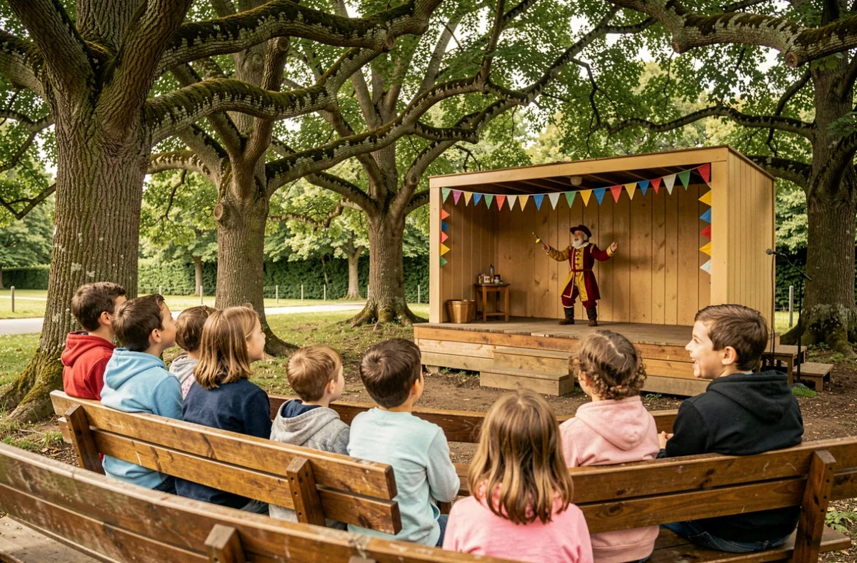 Famille assistant à un spectacle en plein air dans le parc de loisirs de Pont-Aven, enfants attentifs