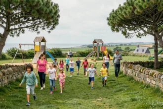Familles avec enfants profitant d'un parc de loisirs en plein air dans le Finistère, en Bretagne