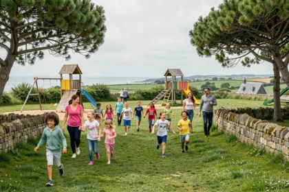 Familles avec enfants profitant d'un parc de loisirs en plein air dans le Finistère, en Bretagne
