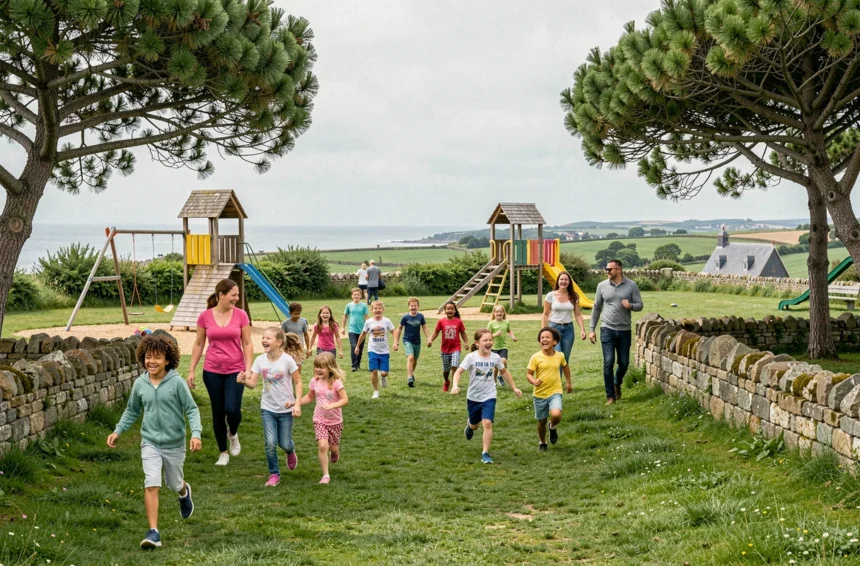 Familles avec enfants profitant d'un parc de loisirs en plein air dans le Finistère, en Bretagne