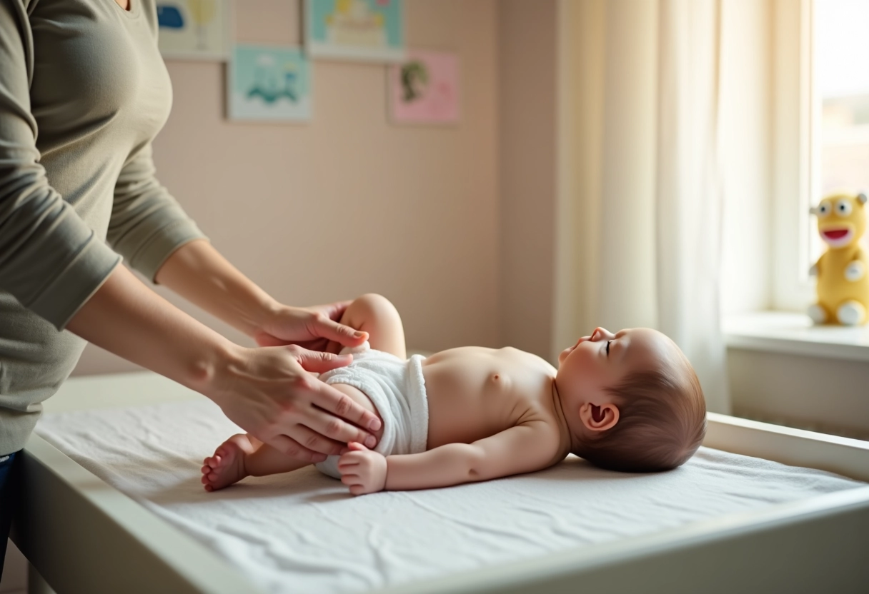 Parent changeant le bébé dans une chambre lumineuse