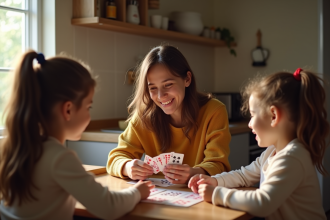 Parent souriant avec enfants jouant aux cartes dans la cuisine