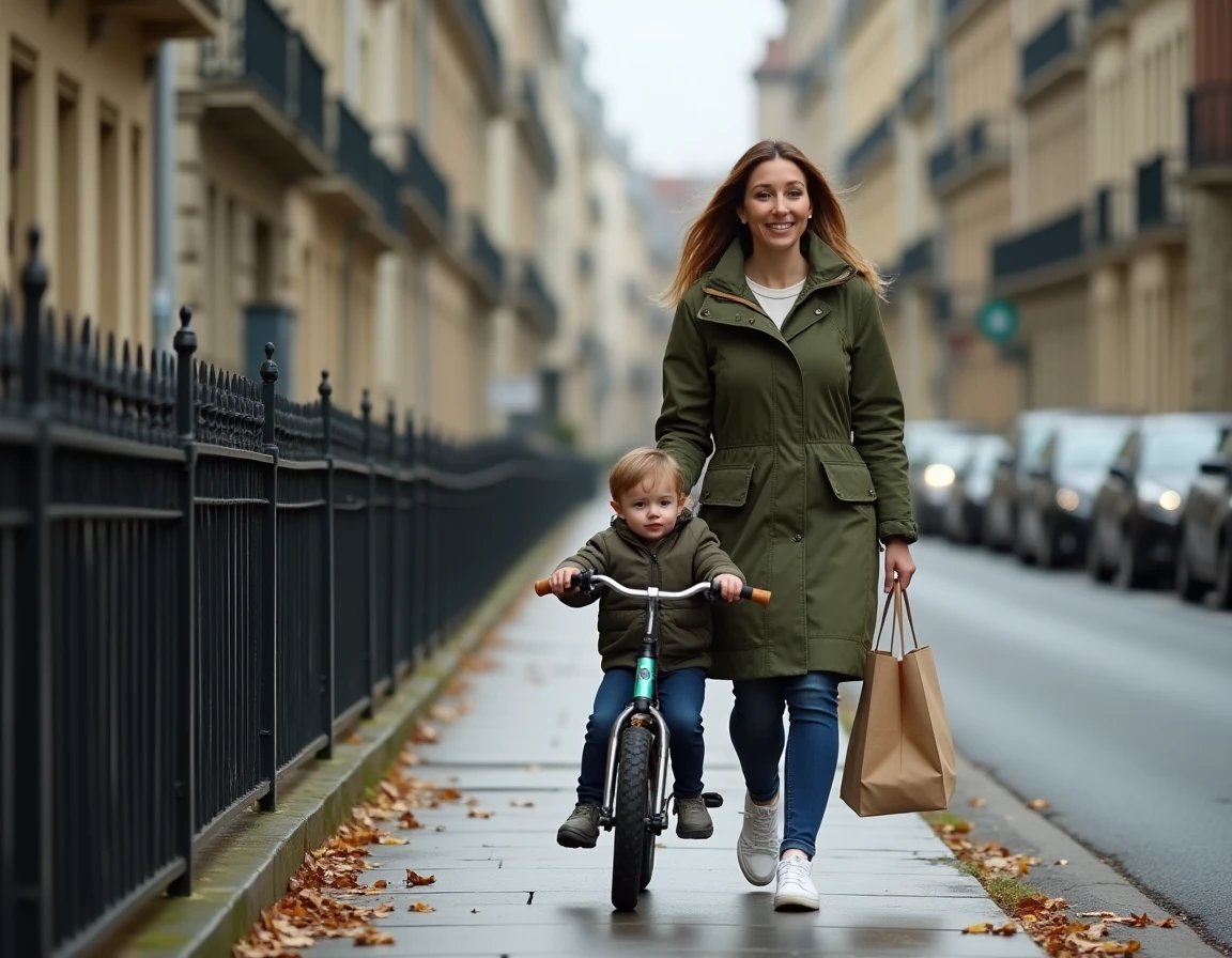 Mère solo souriante dans la rue avec un vélo d'enfant et des courses, scène urbaine authentique en automne
