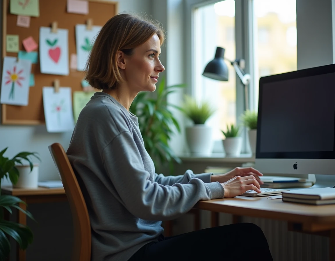 Mère solo concentrée devant son ordinateur dans un bureau à domicile organisé, expression déterminée et sereine