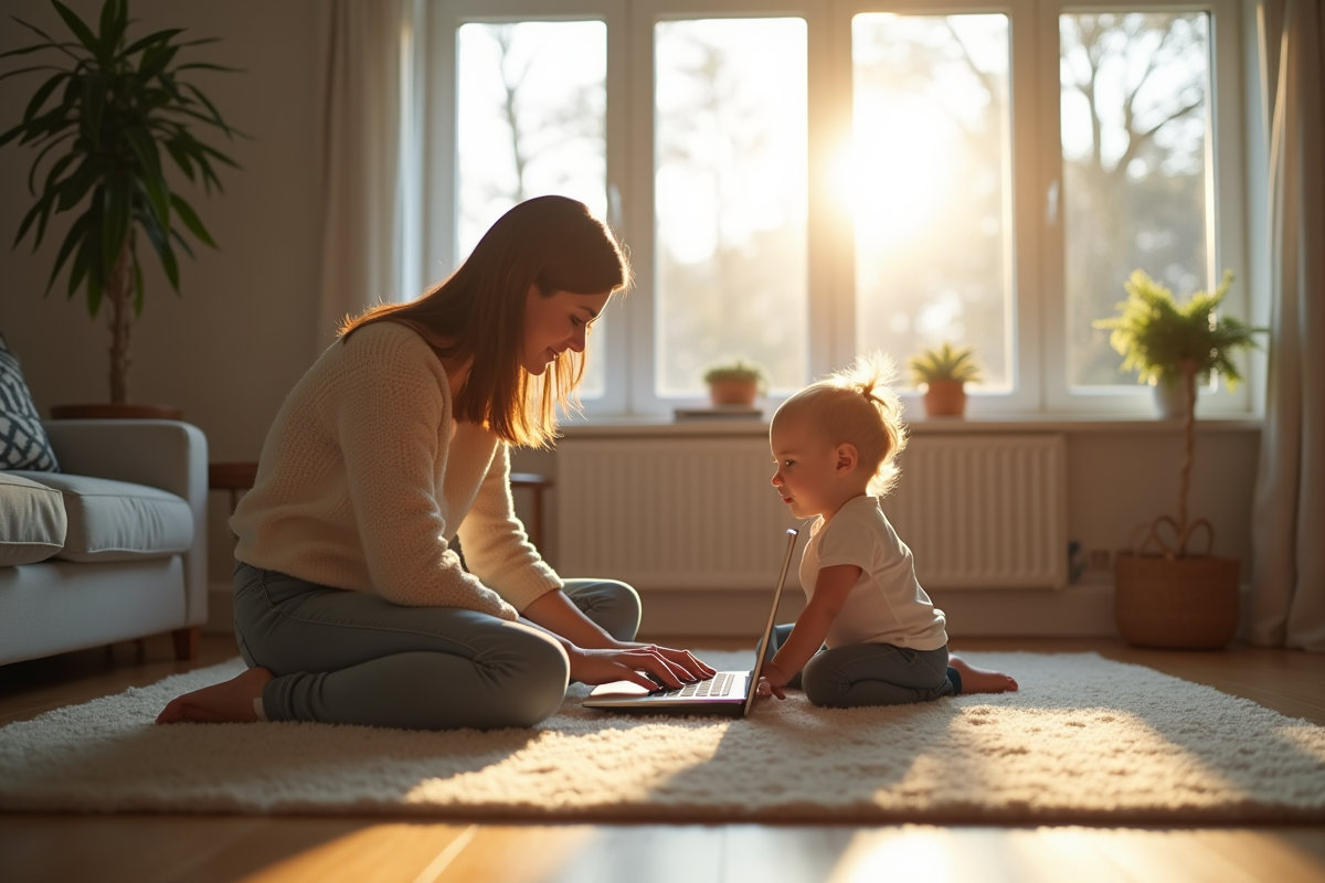 Parent professionnel jouant avec son enfant dans le salon moderne