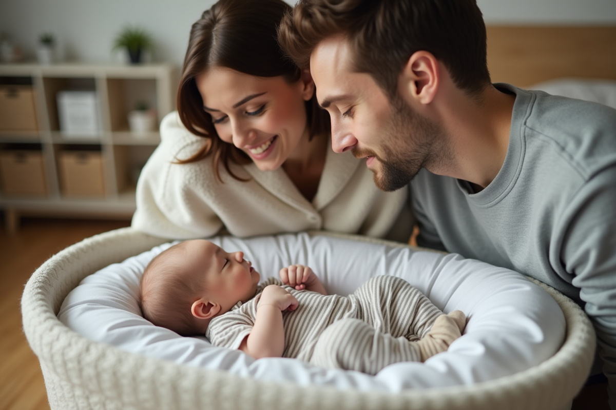 Parents regardant leur bébé dormir dans un berceau moderne