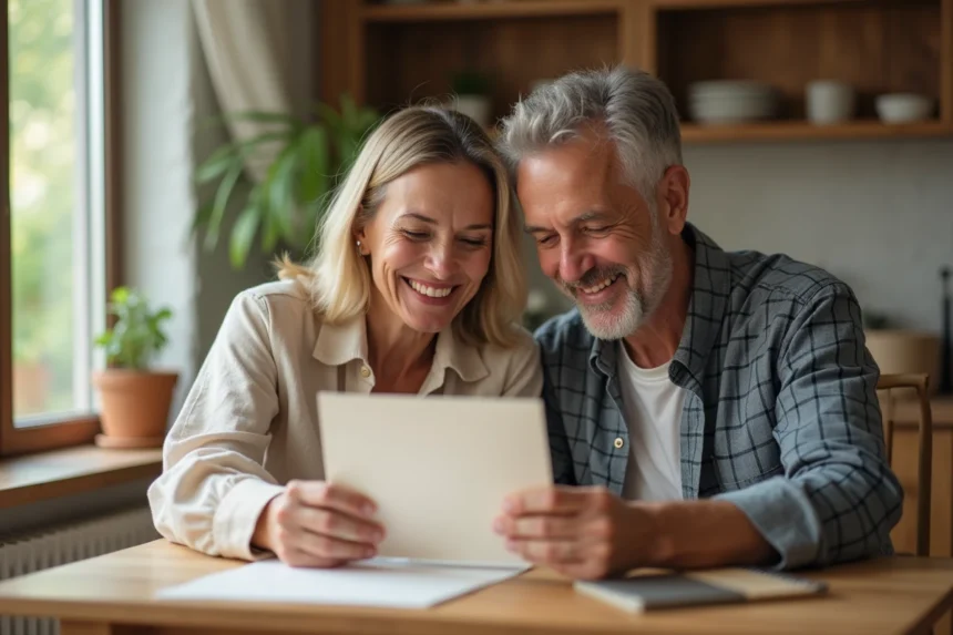 Parents souriants lisant ensemble une carte d'anniversaire faite main à la table de cuisine familiale