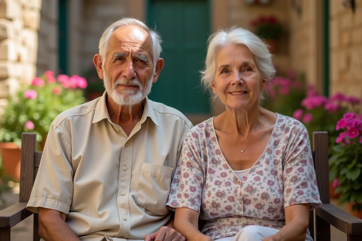 Couple de parents âgés aux origines méditerranéennes assis dans une cour ensoleillée entourée de géraniums