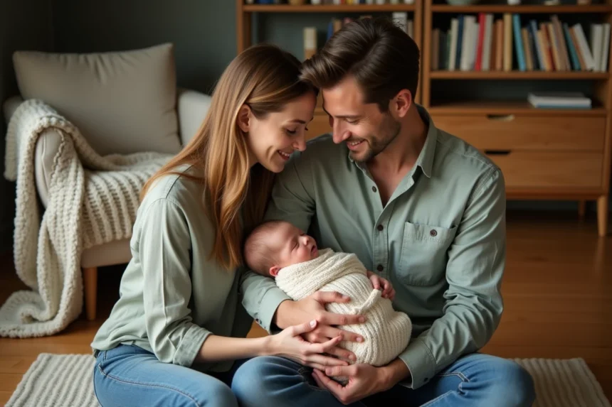 Jeunes parents contemplant tendrement leur nouveau-né dans un salon chaleureux, évoquant le choix d'un prénom porteur de sens comme Noah