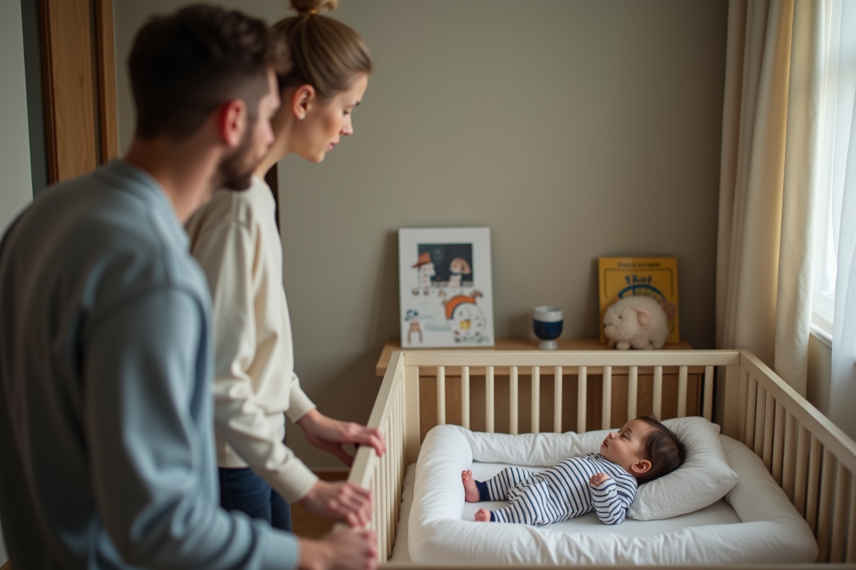 Parents regardant leur bébé endormi dans sa chambre moderne